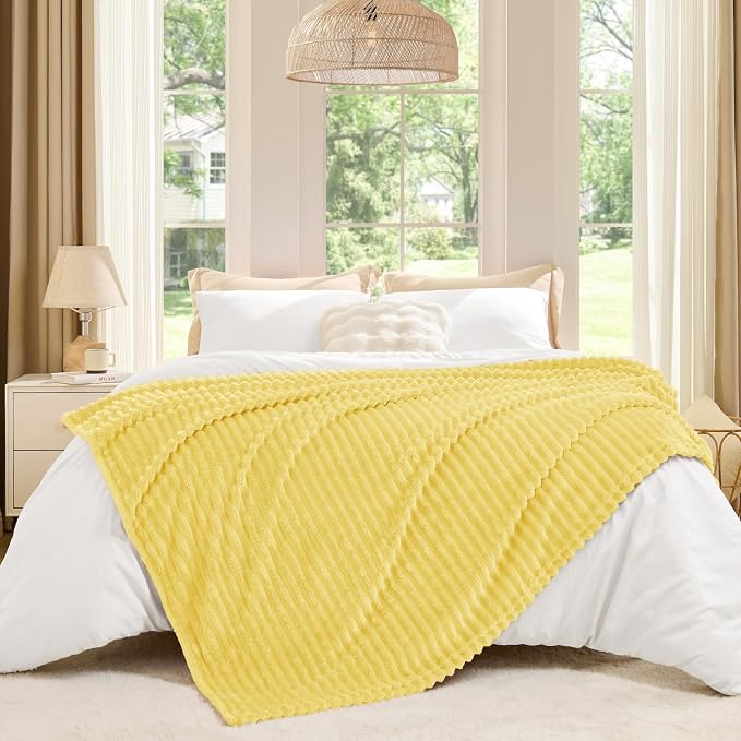 BEDELITE 3D Ribbed Light Yellow Fleece Twin Blanket for Bed, 60x80 Inch | Soft Warm Decorative Fluffy Blanket, Cozy Plush Lightweight Fuzzy Throw Blanket for Couch Sofa Room Decor, Gift for Women