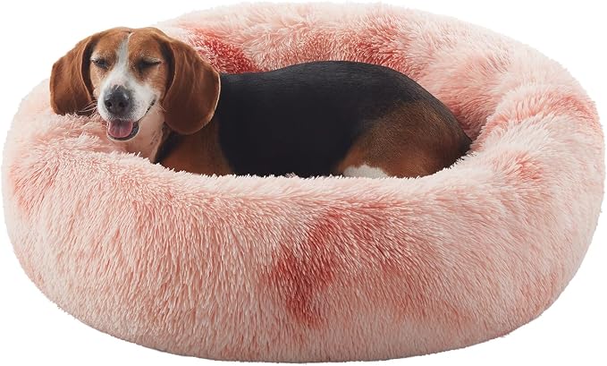 33 in Faux Fur Donut Dog Bed for Medium Plus Dogs,Tie-dye Pink | Calming Plush Round Fluffy Pet Bed with Removable & Washable Cover,Fits up to 65 lbs Pets