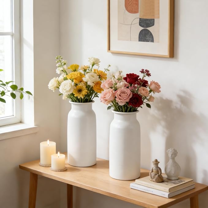 Set of 2 Seamless Metal Vase for Flowers, 10.8" Modern Matte White Floral Vase Set, Shatterproof & Leakproof, Minimalist Home Decor Centerpiece for Dining Table, Mantle, Shelf