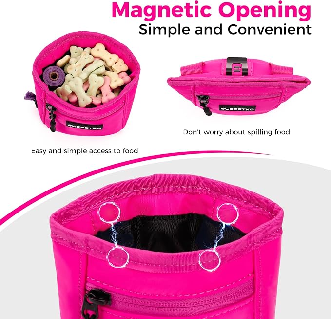 Dog Treat Pouch, Powerful Magnet Closure Device Dog Training Treat Bag Large Capacity Pet Treat Pouch with Poop Bag Dispenser Treat Bag for Dog Training with Metal Waistband Clip (Pink)