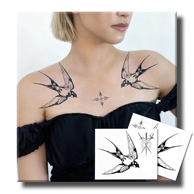 2 Sheets Long Lasting Swallow Temporary Fake Tattoos For Women Adults Arm Hand Collarbone,Semi Permanent Tattoo For Adults Girl,Realistic, Waterproof and Non-Reflective