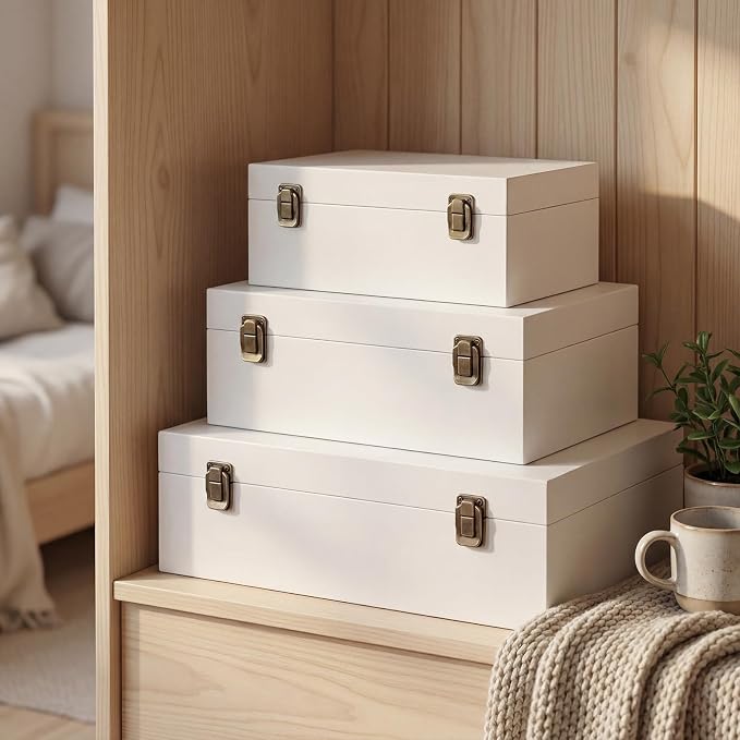 Sliner 3 Pcs Wooden Decorative Storage Boxes with Lids Vintage Wood Organizer Bins for Your Bookshelf Home Decor Safely Store Photos Documents Memory Jewelry Craft Storage (White,S M L Size)
