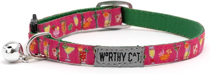 THE WORTHY DOG Summer Patterns, Breakaway Cat Collar, with Bell, Fuchsia