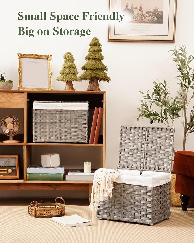 SETVSON Storage Basket with Lid, 9.2 Gal PE Rattan Trunk, Gray | Decorative PE Rattan Furniture Look for Bedroom, 2 Separate Lids, 2 Liners with Divider for Apparel & Essentials