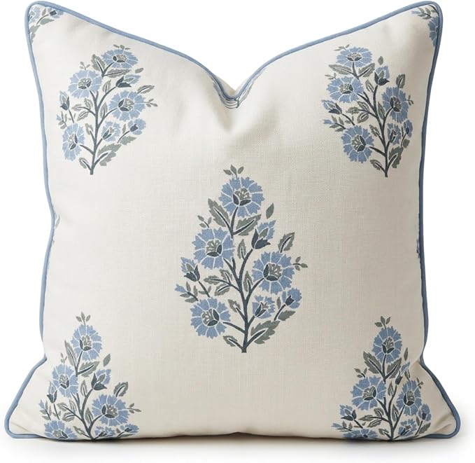 “The Camille” Floral Block Print Pillow Cover – Soft Blue and White Decorative Throw Pillow Cover – Grandmillennial Home Decor, 20" x 20"