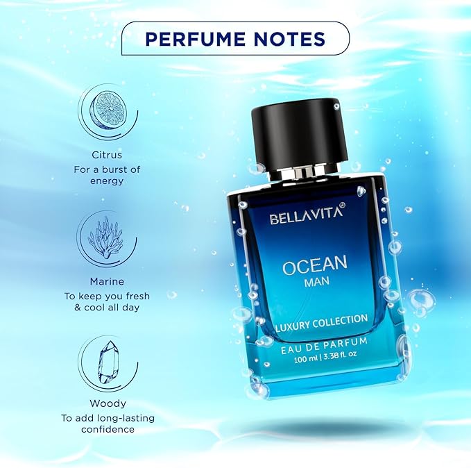 Bellavita Luxury OCEAN Eau de Parfum | 100 ml (3.4 fl.oz.) | Perfume for Men | Fresh, Bergamot, Lily of the Valley, and AMber Notes | Long Lasting Men's Fragrance