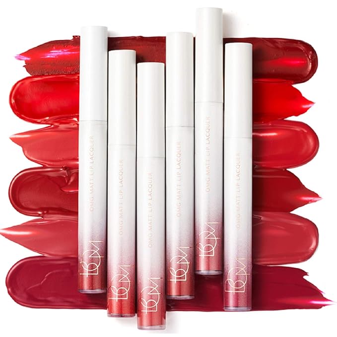 bom OMG Matte Lip Lacquer Waterproof Long Wearing Cherry Pink Liquid Lipstick Matte Finish Full Coverage 0.14 oz (Red)
