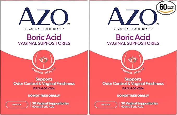 AZO® Boric Acid Vaginal Suppositories for Women, Helps Support Odor Control with Clinically Studied Boric Acid, Non-GMO (Pack of 60)