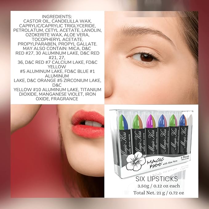 Pack of 6 Magic Kiss Color Changing Matte Lipstick set, Long Lasting Nutritious Lips Moisturizer Magic Temperature Color Change Lip Balm with Aloe Vera PH Lipstick Beauty Cosmetics Makeup MADE IN USA