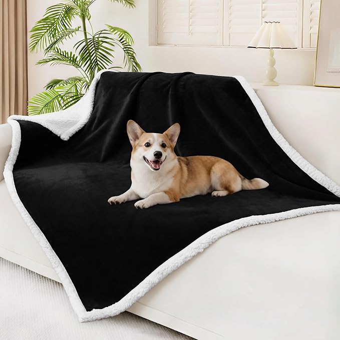 Smiry Waterproof Blanket Throw, Reversible Dog Blanket for Sofa Couch Bed | Soft Leakproof Sherpa Fleece, Washable Furniture Couch Protector for Large Dogs Cats, 50"x60", Black/White