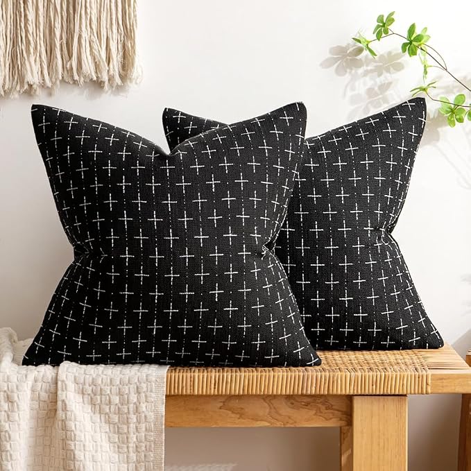 MIULEE Pack of 2 Decorative Burlap Linen Throw Pillow Covers Modern Farmhouse Vintage Pillowcase Rustic Woven Textured Cushion Cover for Sofa Couch Bed 22x22 Inch Black