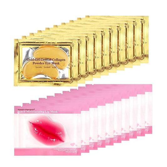 40 Pairs 24K Gold Eye Masks & Lip Masks, Crystal Collagen Under Eye Patches for Puffy Eye, Moisturizing Skin Care Lip Eyes Patches for Dark Circles, Wrinkles and Fine Lines (gold and peach red)
