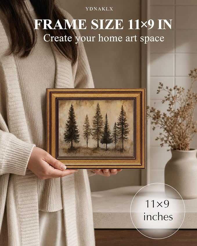 Gold Framed Wall Art, Vintage Pine Trees Canvas Prints, Rustic Nature Woodland Landscape Picture Wall Decor, Country Farmhouse Cabin Artwork for Living Room Bedroom 9x11 inch