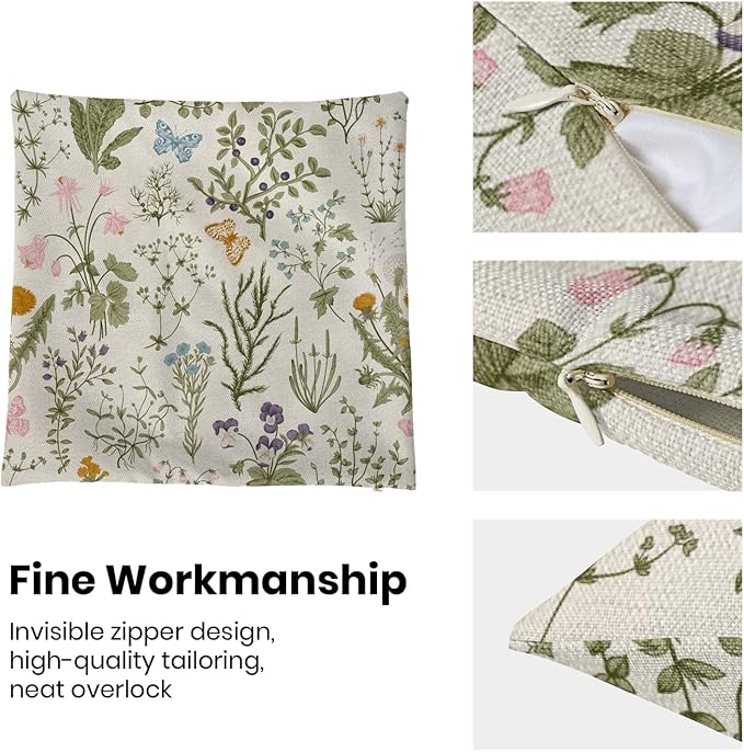 AEIOAE Spring Pillow Covers 22x22 Inch Set of 2,Sage Green Wild Flower Plant Throw Pillows Case,Seasonal Floral Outdoor Decorative Square Linen Farmhouse Decor Cushion Covers for Home Sofa Bed Couch