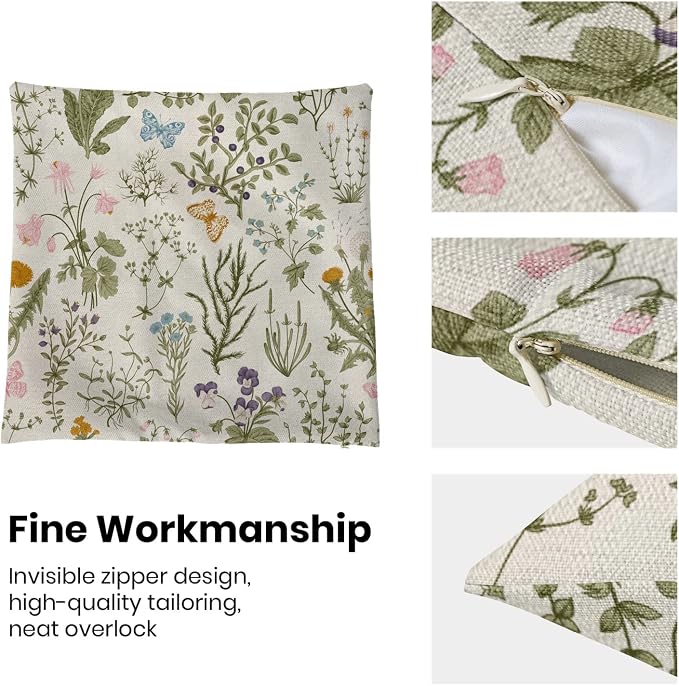 AEIOAE Spring Pillow Covers 24x24 Inch Set of 2,Sage Green Wild Flower Plant Throw Pillows Case,Seasonal Floral Outdoor Decorative Square Linen Farmhouse Decor Cushion Covers for Home Sofa Bed Couch