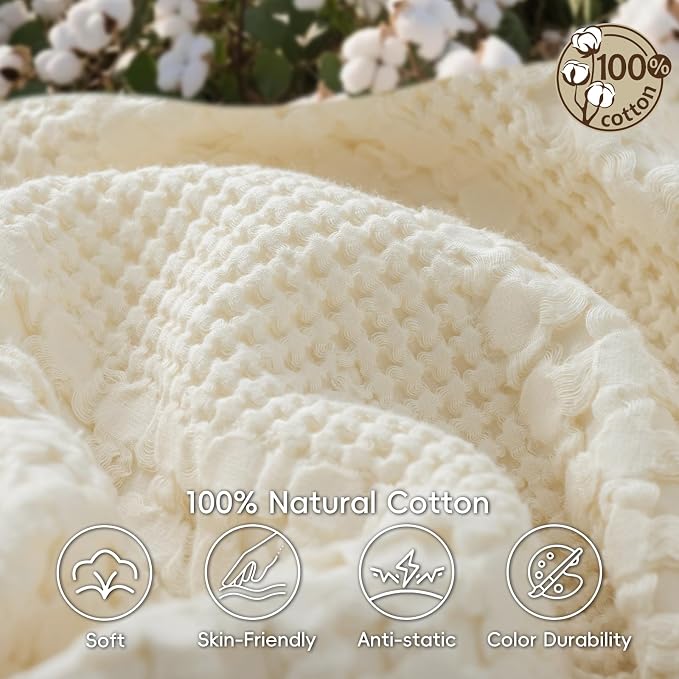 PHF 100% Cotton Waffle Blanket Twin Size, Lightweight Breathable Summer Blanket for Hot Sleepers, Pre-Washed Soft Layer for Bed, Dorm, Couch & Guest Room, Home Decor Gift, 66"x90", Ivory