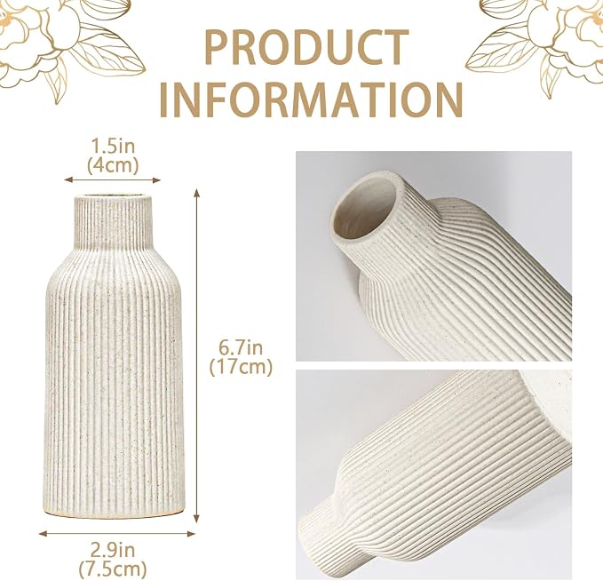 Bohemian Beige Ceramic Vase - for Pampas Grass, Mantel, Bookshelf, Entryway and Living Room Decor (Beige, 7in)