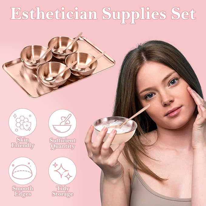 9 Pcs Gold Facial Supplies Large Rose Gold Skincare Tray 4 Stainless Steel Facial Mask Mixing Bowls 4 Esthetician Mixing Spoons Spa Tray Esthetician Bowls for Mask Body Care Bathroom