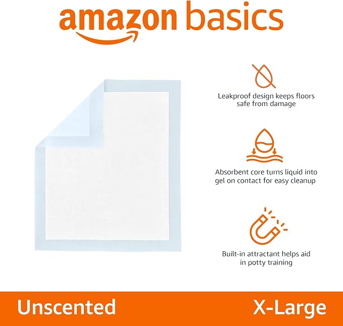 Amazon Basics Leak-Proof Dog and Puppy Potty Training Pee Pads with Quick-Dry 5-Layer Design, X-Large Size 28 x 34 Inch, Blue & White, 40-Pack