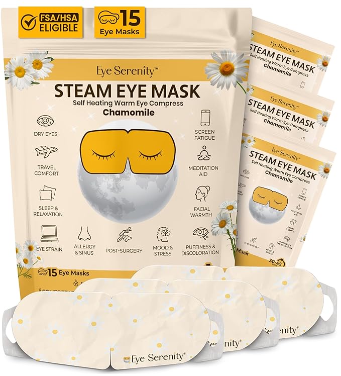 Eye Serenity Steam Eye Mask, Heated Eye Mask, Self Heating Warm Compress for Dry Eyes, Fast Relief for Stye, Puffy Sensitive Eyes, Moist Heat, Mothers Day Gifts for Women and Men - Chamomile