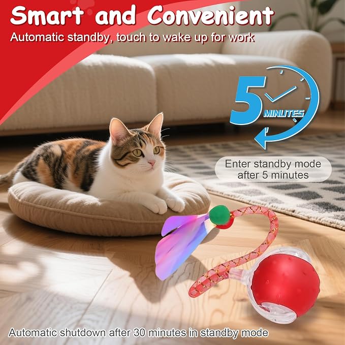 Interactive Cat Toys Smart Ball for Cats & Dogs! Now with 2 Rapid Tails. Features: 360°Auto-Rolling, Motion Activation& Bird Sounds. Perfect for Indoor Pet Exercise & Fun. (Blue)