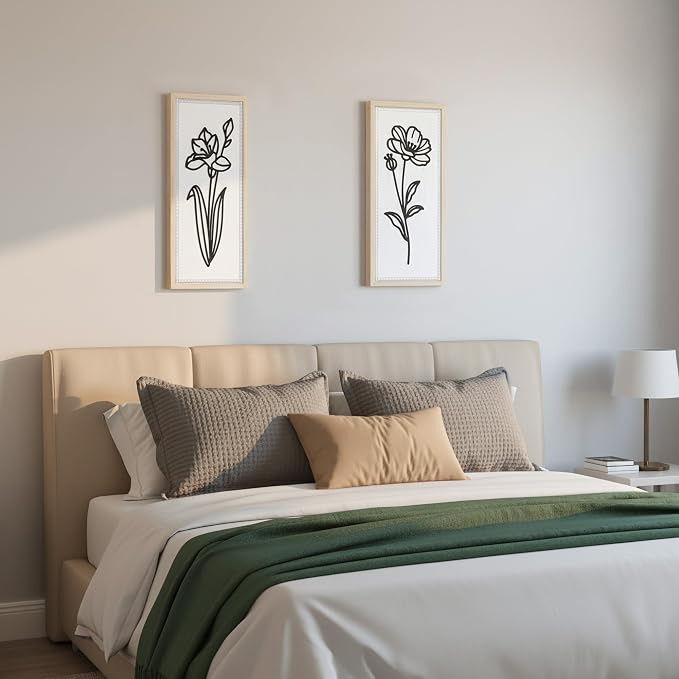 White Floral Bathroom Wall Decor Set of 2, Wood-Framed 3D Wall Art Panels | Raised floral cutouts in rectangular frames, ready to hang; neutral boho farmhouse decor for bedrooms, hallways and entryways
