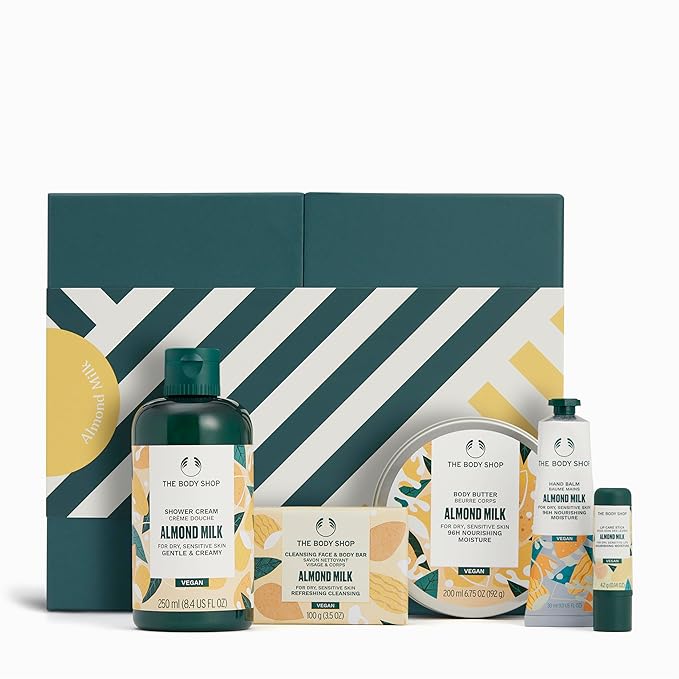 The Body Shop Almond Milk Gift Set - 5 Piece Set, Shower Cream, Body Butter, Bar Soap, Lip Balm, Hand Balm, Vegan