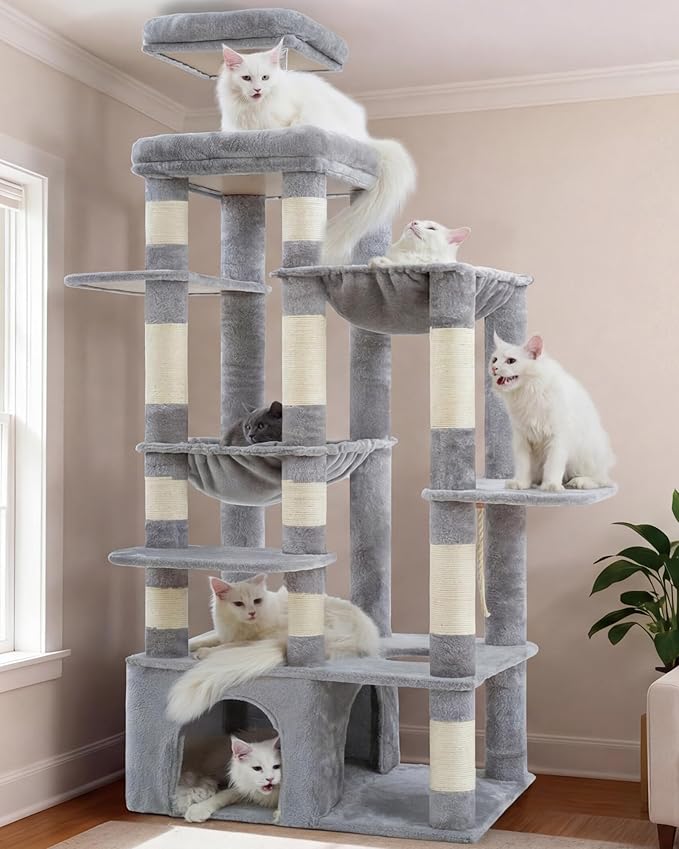 Heybly Cat Tree, 71-Inch Tall Cat Tower for Large Maine Coon Cats HCT037W | Cat Condo Furniture with Extra-Large Baseboard, Multi-Level Platforms, 2 Hammocks and 12 Scratching Posts, Light Gray