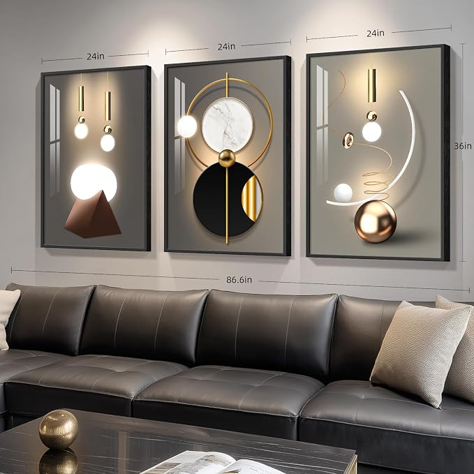 Framed Large Modern Abstract Wall Art for Living Room, Set of 3 Piece Black and White Gold Luxury Artworks, Geometric Painting Print for Dining Room Entryway Hallway Home Office Wall Decor, 24x36 In