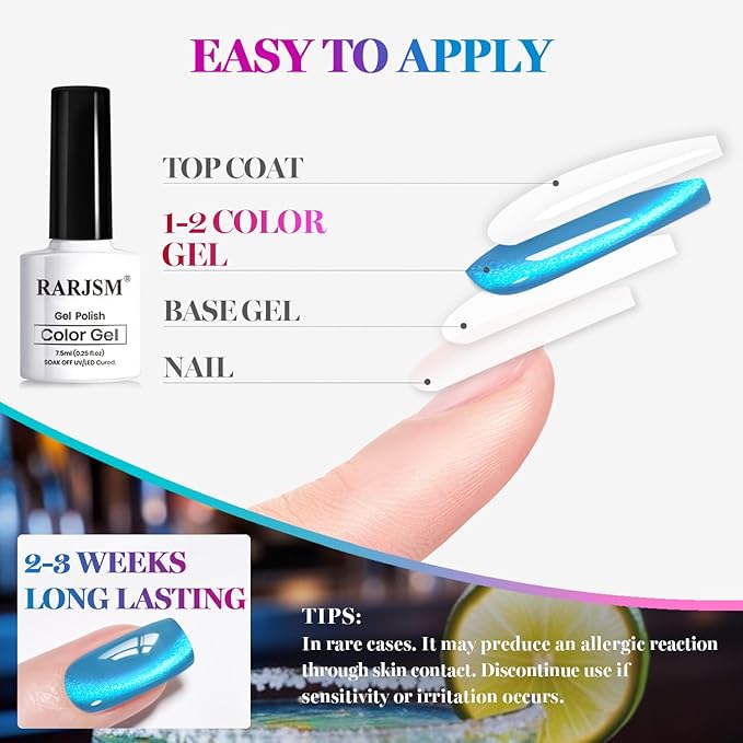 RARJSM Diamond Glitter Cocktail Cat Eye Gel Nail Polish Set 6Pcs Velvet Mint Green Sky Blue Violet Purple Fuchsia Magenta Ruby Red Smoothie Cateye Gelpolish with Magnetic Stick Curing Require