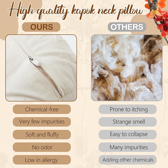 Leinuosen Organic Kapok Orthopedic Roll Pillow 14"x5" – Neck, Back, Knee & Leg Support Bolster – Cervical & Lumbar Roll for Pain Relief, Spinal Alignment – Natural Filling, Adjustable for Bed & Travel
