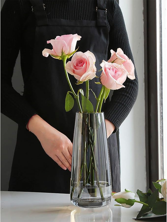 FANTESTICRYAN Modern Glass Vase, 8.7''H Decor Flower Vases, Crystal Grey | Crystal Black Colored Vase Fresh/Faux Floral Vases, For Home Office Table Centerpiece Decor Housewarming Gift for Lover