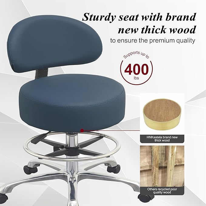 Height Adjustable Rolling Shop Stool with Back Support - Kitchen Stool with Wheels Heavy Duty Stool with Back for Salon,Spa,Massage,Tattoo,Esthetician – Rolling Stool Extra Thick for Extreme Comfort