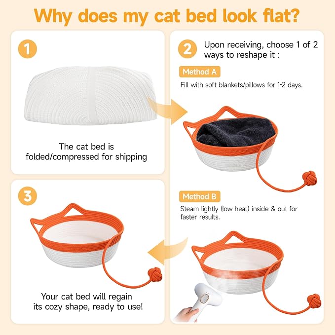 Cotton Rope Woven Cat Bed, Instinct Pet Basket with a Play Ball, Large | Foldable Cat Scratcher Basket for Indoor Cats, Puppies, Rabbits and Small Pets, Orange & White