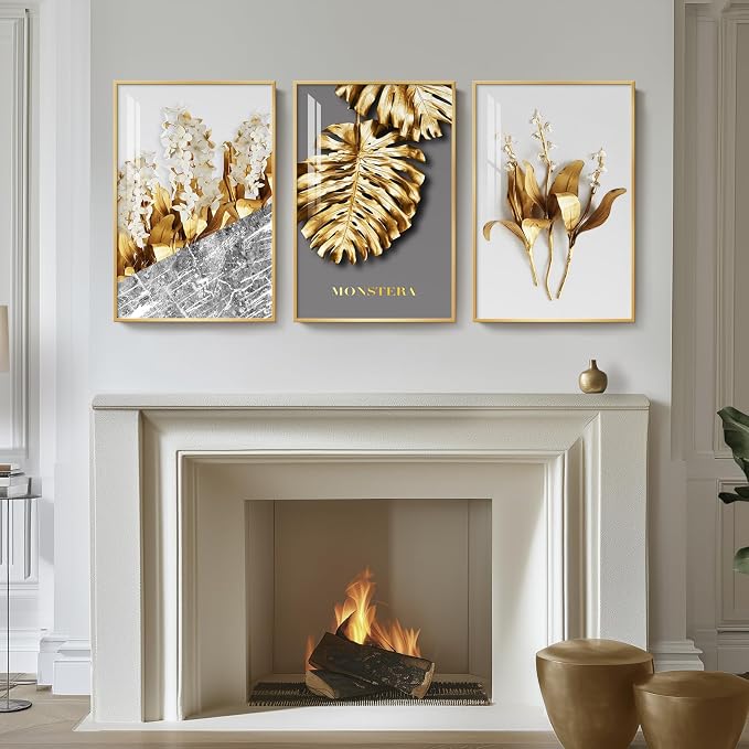 Framed Modern Luxury Gold Wall Art, Set of 3 Piece Contemporary Paintings Artwork for Walls, Golden Leaf Prints with Gold Frame, Pictures for Living Room, Hallway, Bedroom, Office Wall Decor 16x24 Inch