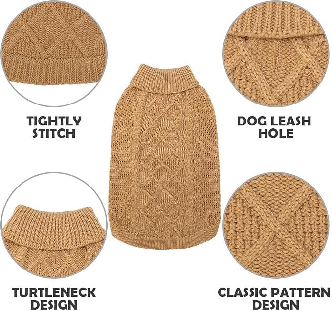 Mihachi Turtleneck Dog Sweater - Winter Coat Apparel Classic Cable Knit Clothes with Leash Hole for Cold Weather, Ideal Gift for Pet in New Year