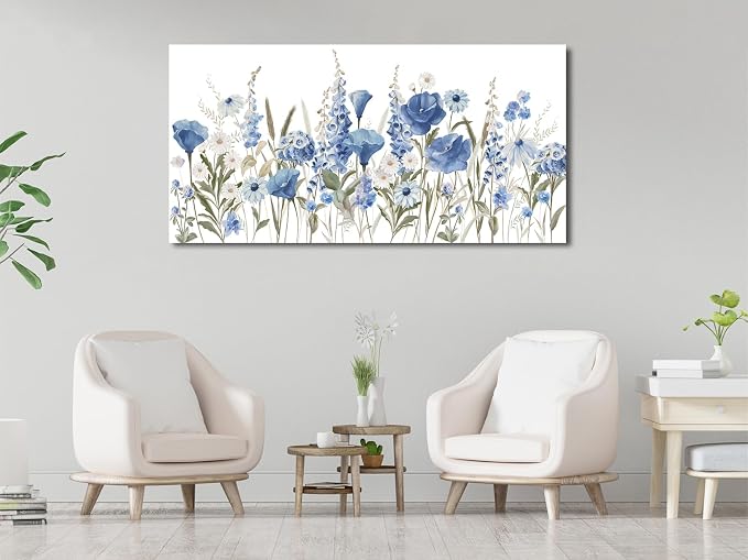 arteWOODS Elegant Flowers Wall Art - Blue White Botanical Pictures for Wall Decor Floral Blossom Canvas Painting Print Artwork for Living Room Bedroom Home Office Wall Decoration 29" x 58"