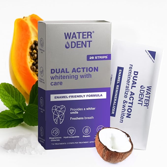 Whitening & Remineralization Teeth Strips | 14-Treatment Kit for Sensitive Teeth | Peroxide-Free Formula with Hydroxyapatite, Bischofite, Papain, Bromelain & Coconut Oil (28 Strips) Water Dent
