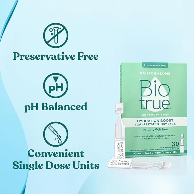 Biotrue Hydration Boost, Preservative-Free Eye Drops for Dry Eyes, Instantly Moisturizes, Rehydrates, Contact Lens Friendly, Refresh & Relieve Eye Irritation, 30 Single-Use Vials (Pack of 1)