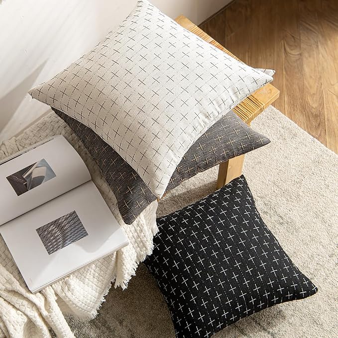 MIULEE Pack of 2 Decorative Burlap Linen Throw Pillow Covers Modern Farmhouse Pillowcase Rustic Woven Textured Cushion Cover for Sofa Couch Bed 20x20 Inch Black