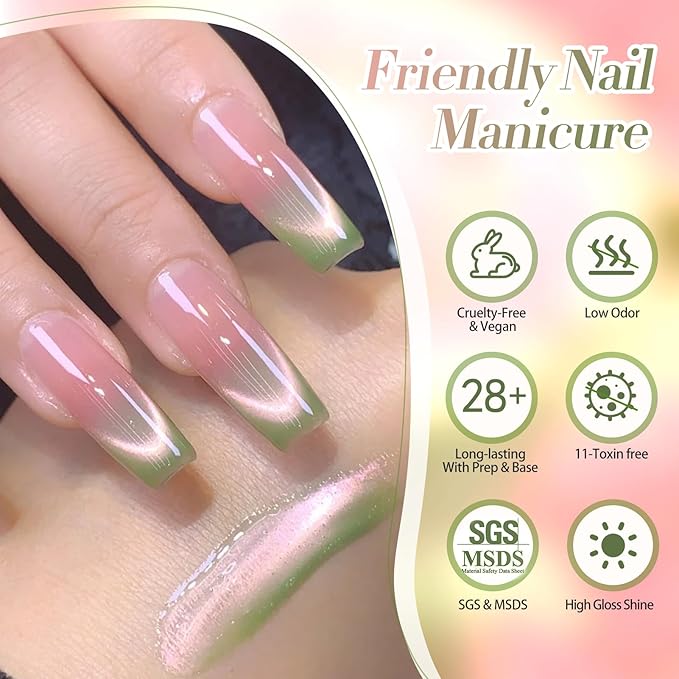 BORN PRETTY Cat Magnetic Eye Gel Nail Polish,Sweet Guava Green Pink Magnetic Gel Polish Manicure Nail Art DIY 15ml