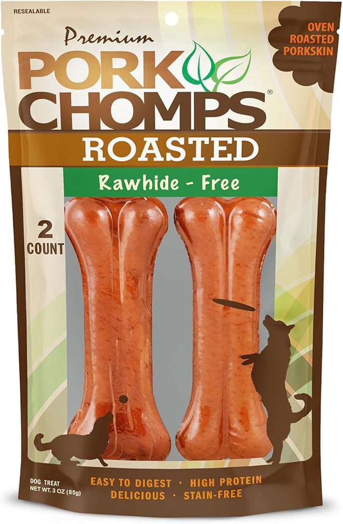 Pork Chomps Rawhide Free Pork Skin Dog Chew Bone, 4.5in, 2ct | Roasted, pressed pork skin chew. Long-lasting, high protein, low fat, healthy & delicious.
