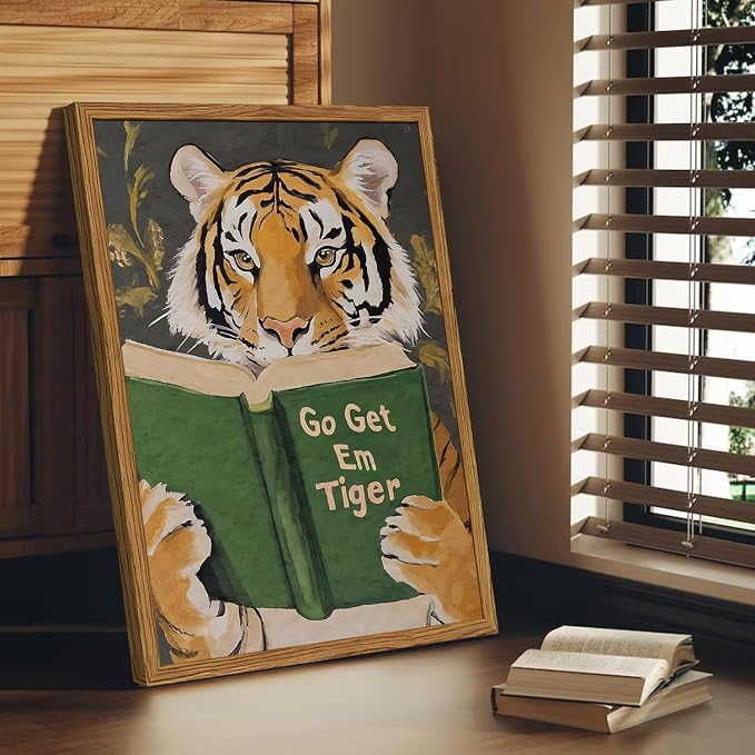 Framed Funny Tiger Wall Art, Motivational Animal Reading Wall Decor Paintings, Eclectic Go Get Em Tiger Canvas Prints Pictures Home Decor for Living Room Bedroom Dorm Office 16x24 inch