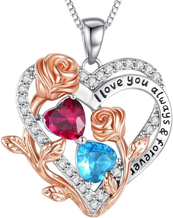 I Love You Birthstone Necklace, 925 Sterling Silver Heart Pendant with CZ Diamond Stones, Birthday Gifts for Women, Romantic Gift for Wife, Girlfriend, Her, Anniversary, Valentine's Day, Christmas