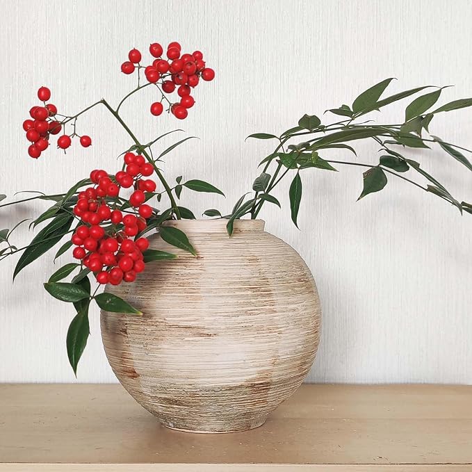 Rustic Ceramic Vintage Farmhouse Vase for Decor (Small Ribbed Beige) | Distressed Texture Vase Home Decor, 6'' Decorative Terracotta Round Bowl vase for Living Room, Table, Shelf, Kichen Décor