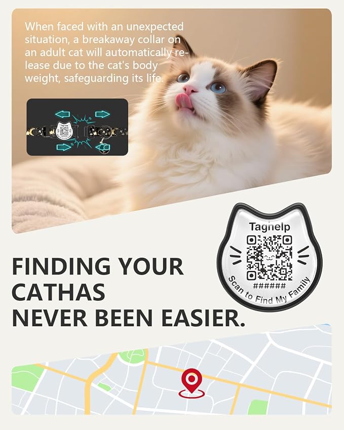 Star & Moon Breakaway Cat Collar with QR Code Tag (Pink & Purple) | Reflective Nylon, Quick-Release Buckle，Smart