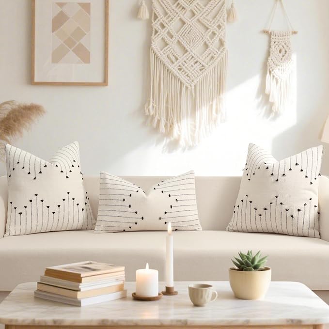 YCOLL Boho Outdoor Throw Pillow Covers 16x16 Set of 2 Neutral Woven Decorative Pillowcases Cotton Tufted Couch Pillows Modern Farmhouse Cushion Covers for Sofa Couch Bed Living Room Home Decor, Black