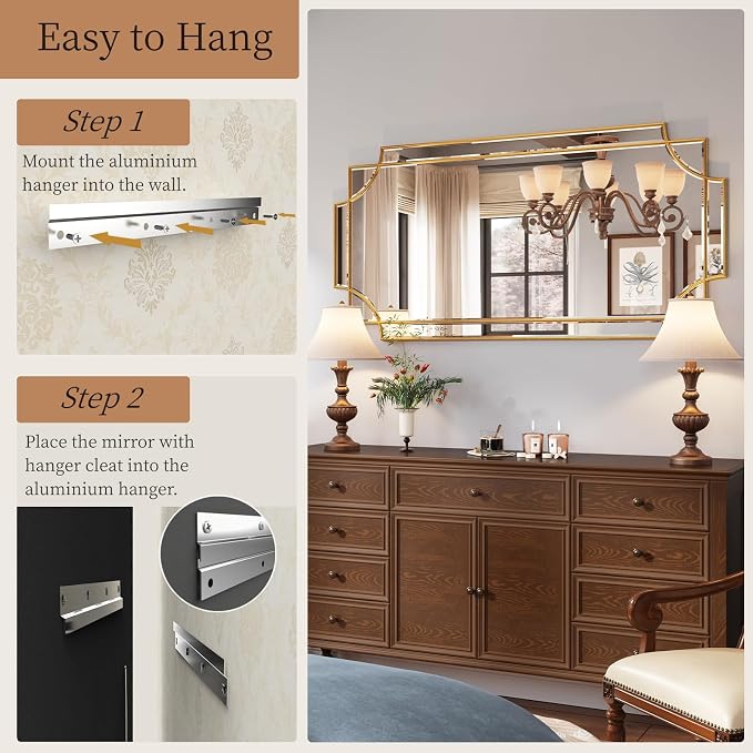 Kelly Miller 26"x52" Gold Foil Scalloped Edge Decorative Vanity Wall Mirror | Hand-Applied Gold Foil Finish. HD Mirror With French Cleat. Elegant Beveled Wall Mirror Decor For Bathroom Bedroom Entryway.