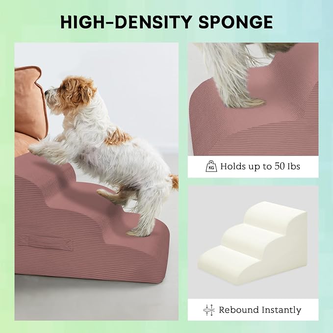 Mesa Lemon 4 Step Dog Stairs Pet Ramp for High Beds, Sofas and Cars | High Density Foam, Non-Slip Bottom, Removable Washable Cover, Portable Handle, Holds Up to 50 lbs, 20 Inch Height