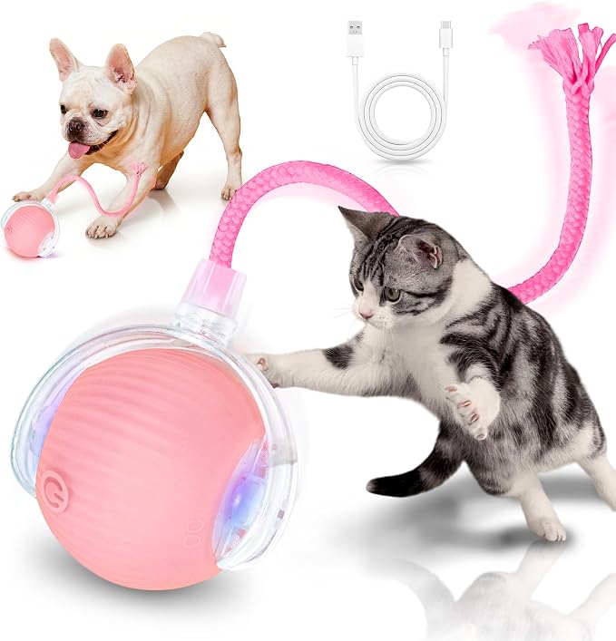 Cat Toys for Indoor Cats Smart Automatic Bal Moving Chase Dogs Toy, Pink | Ball Rolling for Bored Kitten Pet, Upgraded Speedy Moving Chase Dogs Toy
